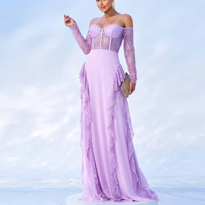 Purple Maxi Dress Off Shoulder Corset Prom Dress Lace Wedding Guest Dress