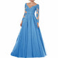 Women's Long Evening Dress Tulle V-neck Mother of the Bride Dress with Sleeves Formal Wedding Guest Dress