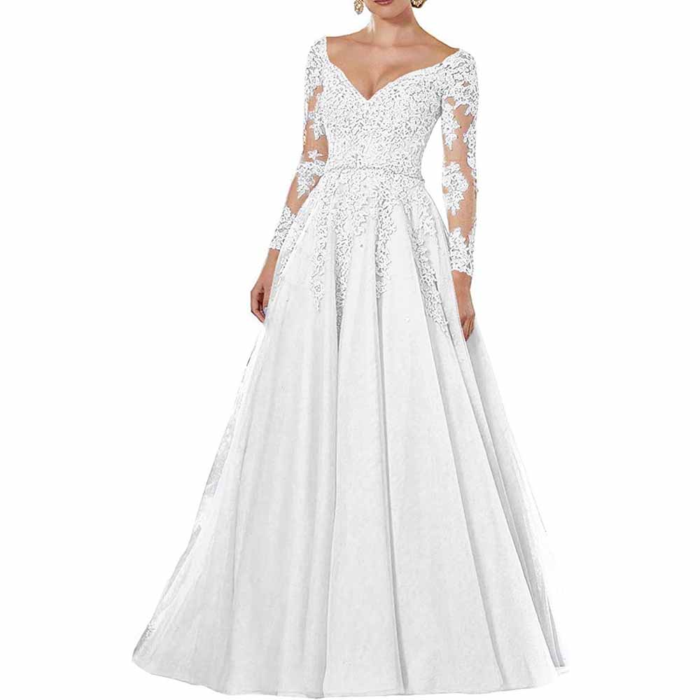 Women's Long Evening Dress Tulle V-neck Mother of the Bride Dress with Sleeves Formal Wedding Guest Dress