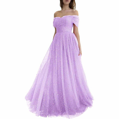 Sparkly Tulle Prom Dresses Off Shoulder Pleated Formal Evening Party Gowns