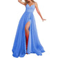 Mermaid Sequin Prom Dresses Slit V Neck Spaghetti Party Gowns with Detachable Train