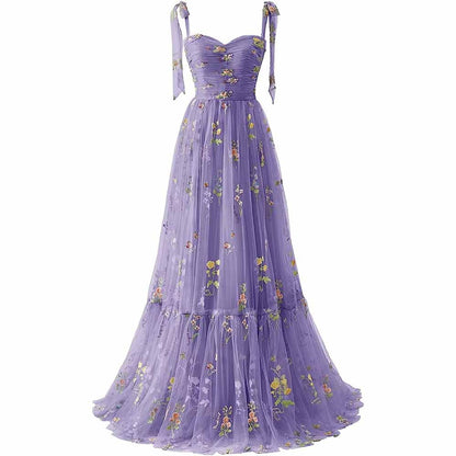 Womens Flower Embroidery Tulle Prom Dress Formal Evening Party Gowns
