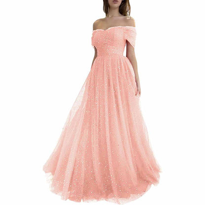 Sparkly Tulle Prom Dresses Off Shoulder Pleated Formal Evening Party Gowns
