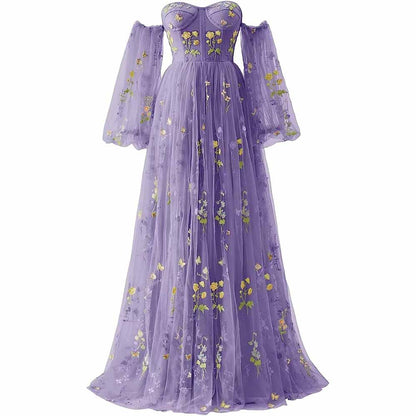 Womens Flower Embroidery Tulle Prom Dress Formal Evening Party Gowns