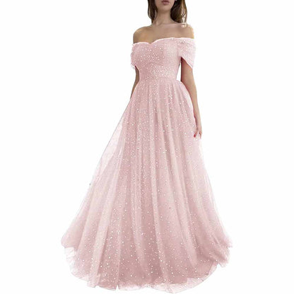 Sparkly Tulle Prom Dresses Off Shoulder Pleated Formal Evening Party Gowns