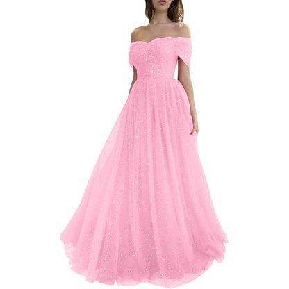 Sparkly Tulle Prom Dresses Off Shoulder Pleated Formal Evening Party Gowns