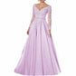 Women's Long Evening Dress Tulle V-neck Mother of the Bride Dress with Sleeves Formal Wedding Guest Dress