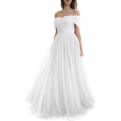 Sparkly Tulle Prom Dresses Off Shoulder Pleated Formal Evening Party Gowns