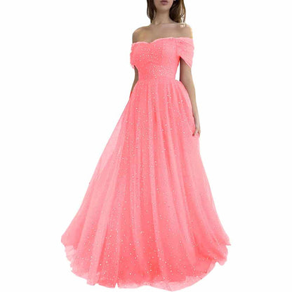 Sparkly Tulle Prom Dresses Off Shoulder Pleated Formal Evening Party Gowns