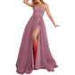 Mermaid Sequin Prom Dresses Slit V Neck Spaghetti Party Gowns with Detachable Train