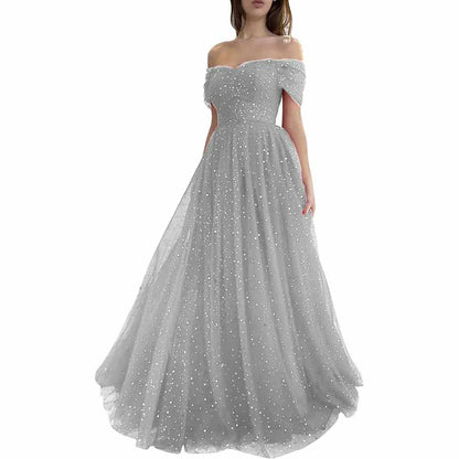 Sparkly Tulle Prom Dresses Off Shoulder Pleated Formal Evening Party Gowns