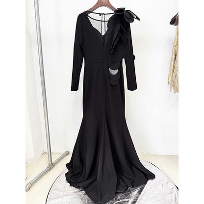 Womens Long Sleeves Gown Flower Detail Long Formal Dresses