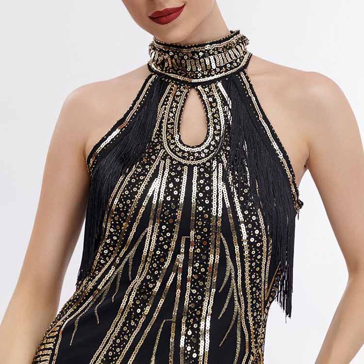 1920's Flapper Dress Halter Neck Fringe Sequin Beaded Dress