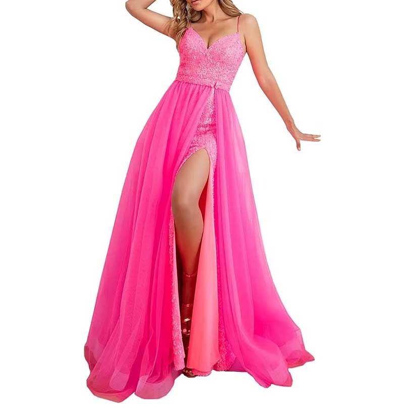 Mermaid Sequin Prom Dresses Slit V Neck Spaghetti Party Gowns with Detachable Train