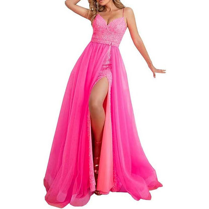 Mermaid Sequin Prom Dresses Slit V Neck Spaghetti Party Gowns with Detachable Train