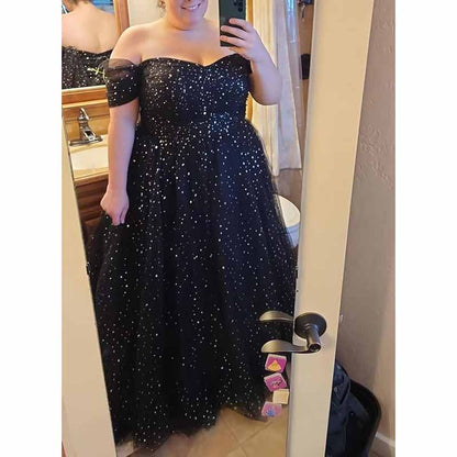Sparkly Tulle Prom Dresses Off Shoulder Pleated Formal Evening Party Gowns
