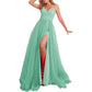 Mermaid Sequin Prom Dresses Slit V Neck Spaghetti Party Gowns with Detachable Train