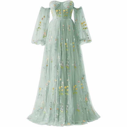 Womens Flower Embroidery Tulle Prom Dress Formal Evening Party Gowns