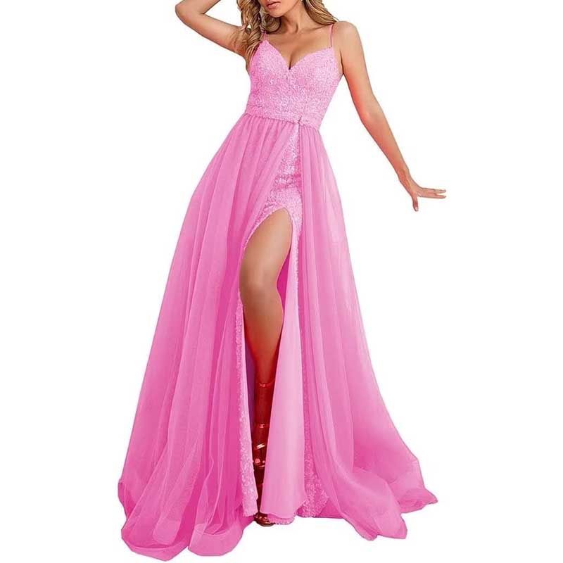 Mermaid Sequin Prom Dresses Slit V Neck Spaghetti Party Gowns with Detachable Train