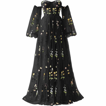 Womens Flower Embroidery Tulle Prom Dress Formal Evening Party Gowns