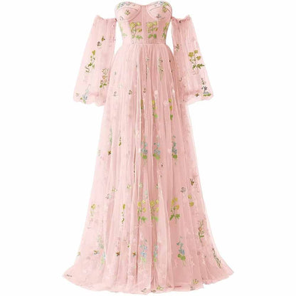 Womens Flower Embroidery Tulle Prom Dress Formal Evening Party Gowns