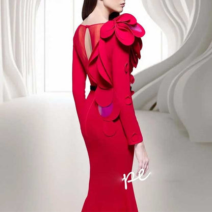 Womens Long Sleeves Gown Flower Detail Long Formal Dresses