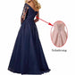 Women's Long Evening Dress Tulle V-neck Mother of the Bride Dress with Sleeves Formal Wedding Guest Dress