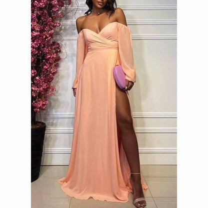 Long Sleeve Bridesmaid Dresses Chiffon Sweetheart Off The Shoulder Formal Evening Dresses with Slit