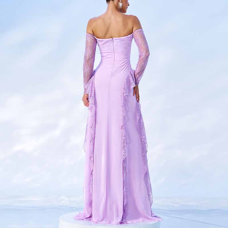 Purple Maxi Dress Off Shoulder Corset Prom Dress Lace Wedding Guest Dress