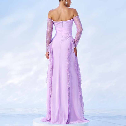 Purple Maxi Dress Off Shoulder Corset Prom Dress Lace Wedding Guest Dress