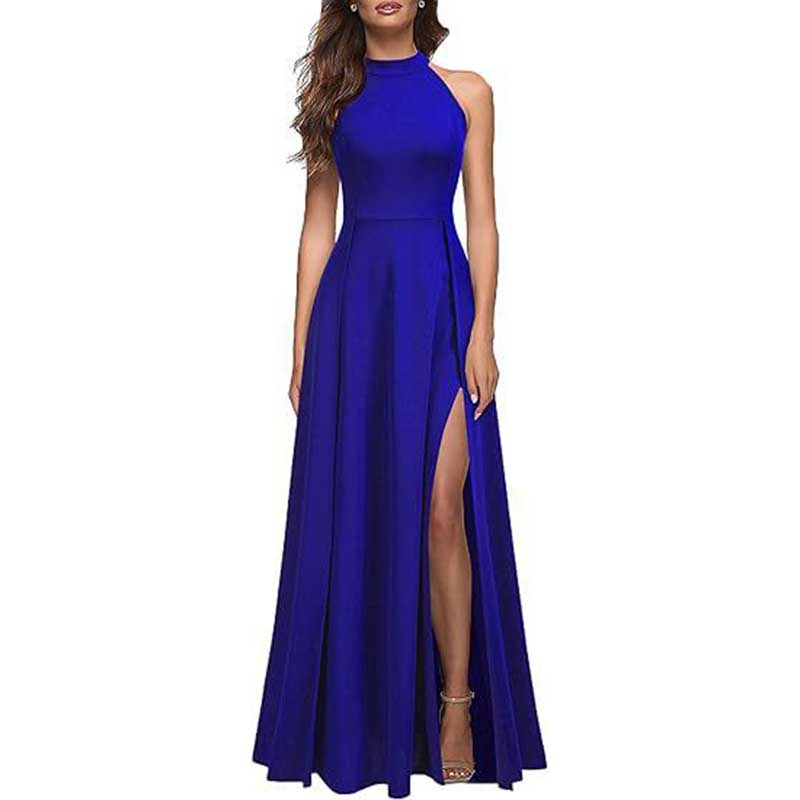 Halter Fitted Prom Dress Split Long Bridesmaid Dress