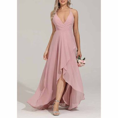 Women Chiffon Bridesmaid Dresses V Neck High Low Wedding Guest Dress Party Gown
