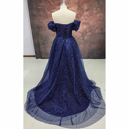 Sparkly Tulle Prom Dresses Off Shoulder Pleated Formal Evening Party Gowns