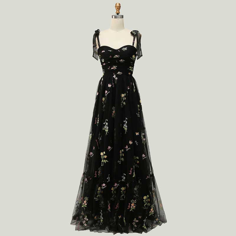 Women Tie Strap Tulle Prom Dresses Flower Embroidery Dress Long Formal – SD  Dresscode & Fashiontrends