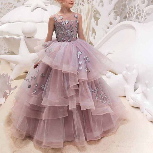 Flower Girl Dresses For Wedding Floor Length Ball Gown Pageant Puffy Tulle Dresses Flower Embroidery Princess Dresses