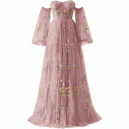 Womens Flower Embroidery Tulle Prom Dress Formal Evening Party Gowns