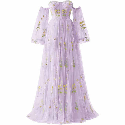 Womens Flower Embroidery Tulle Prom Dress Formal Evening Party Gowns