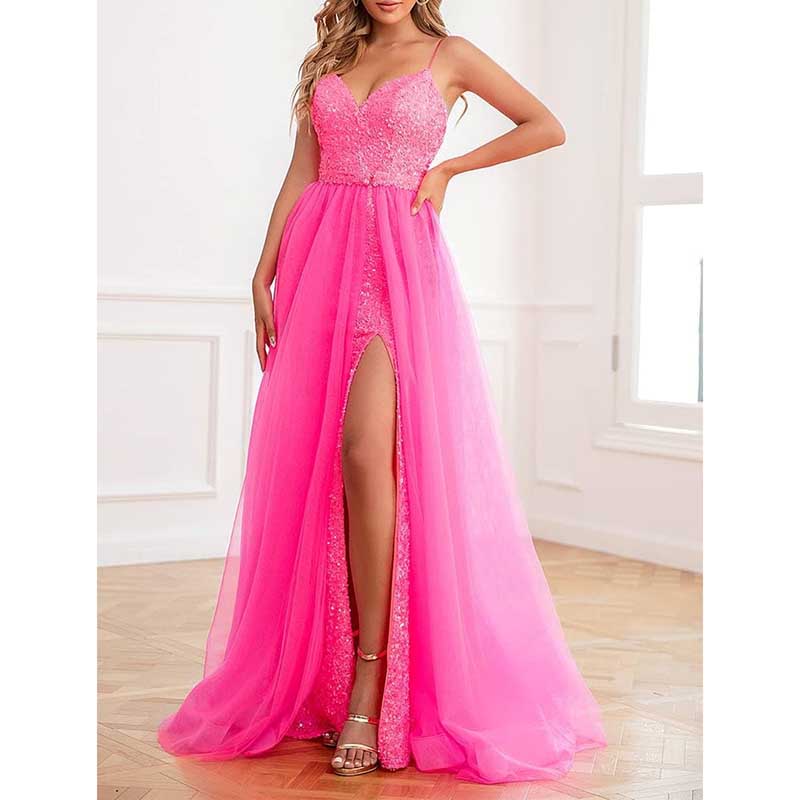 Mermaid Sequin Prom Dresses Slit V Neck Spaghetti Party Gowns with Detachable Train