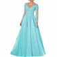 Women's Long Evening Dress Tulle V-neck Mother of the Bride Dress with Sleeves Formal Wedding Guest Dress