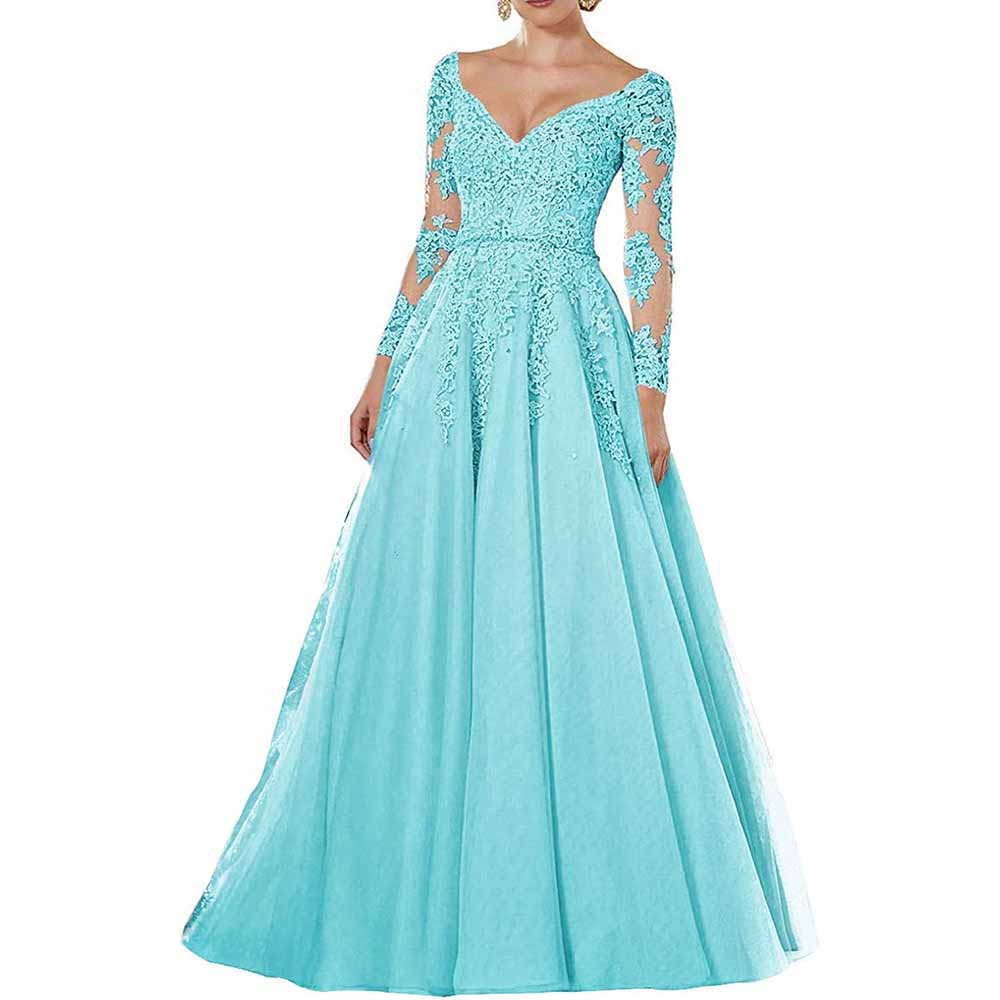 Women's Long Evening Dress Tulle V-neck Mother of the Bride Dress with Sleeves Formal Wedding Guest Dress