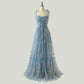 Women Tie Strap Tulle Prom Dresses Flower Embroidery Dress Long Formal Evening Dresses