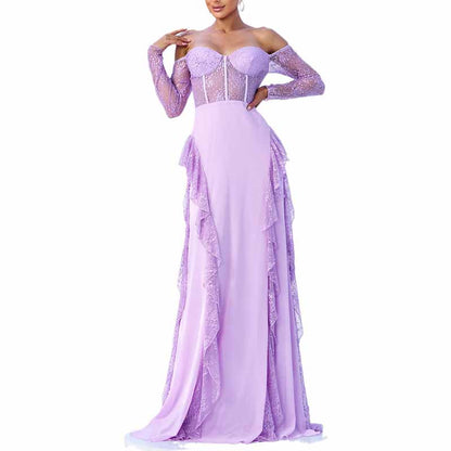 Purple Maxi Dress Off Shoulder Corset Prom Dress Lace Wedding Guest Dress