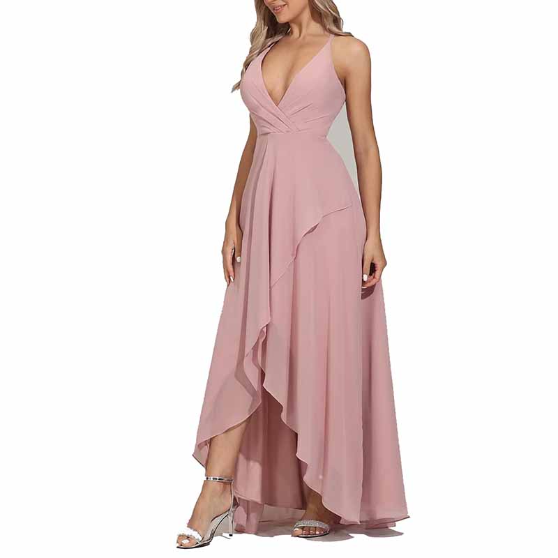 Women Chiffon Bridesmaid Dresses V Neck High Low Wedding Guest Dress Party Gown