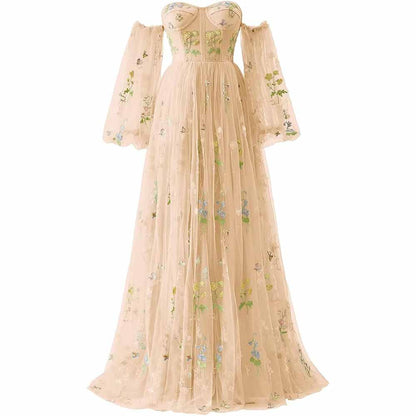 Womens Flower Embroidery Tulle Prom Dress Formal Evening Party Gowns