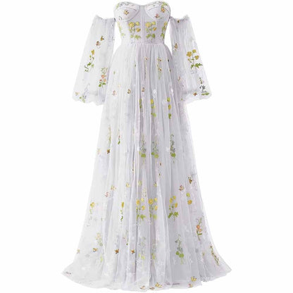 Womens Flower Embroidery Tulle Prom Dress Formal Evening Party Gowns