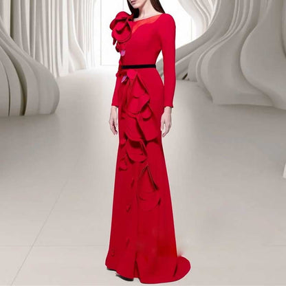 Womens Long Sleeves Gown Flower Detail Long Formal Dresses