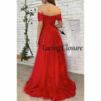 Sparkly Tulle Prom Dresses Off Shoulder Pleated Formal Evening Party Gowns