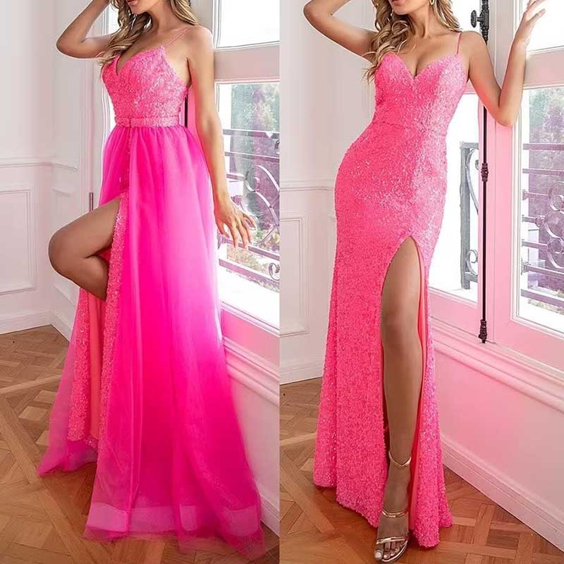 Mermaid Sequin Prom Dresses Slit V Neck Spaghetti Party Gowns with Detachable Train