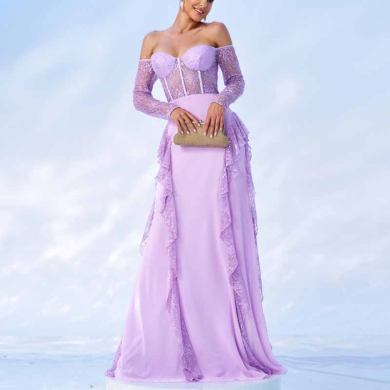 Purple Maxi Dress Off Shoulder Corset Prom Dress Lace Wedding Guest Dress