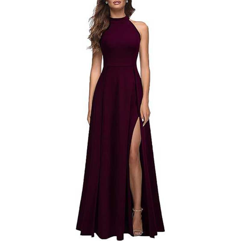 Halter Fitted Prom Dress Split Long Bridesmaid Dress